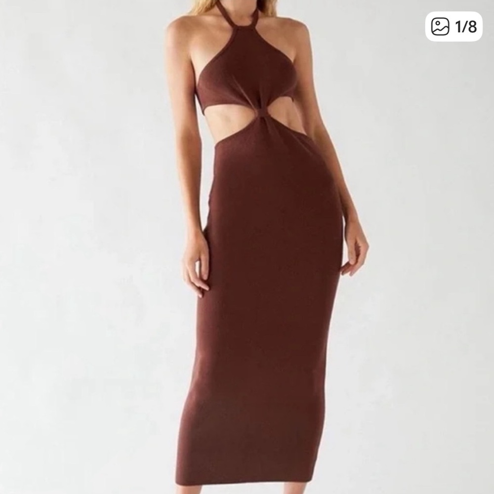 Peppermayo Brown Ribbed halter Midi dress